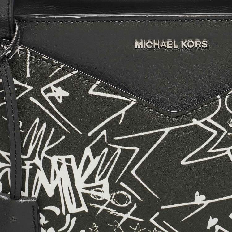 Pre Owned Michael Kors Black/White Leather Large Graffiti Whitney Tote