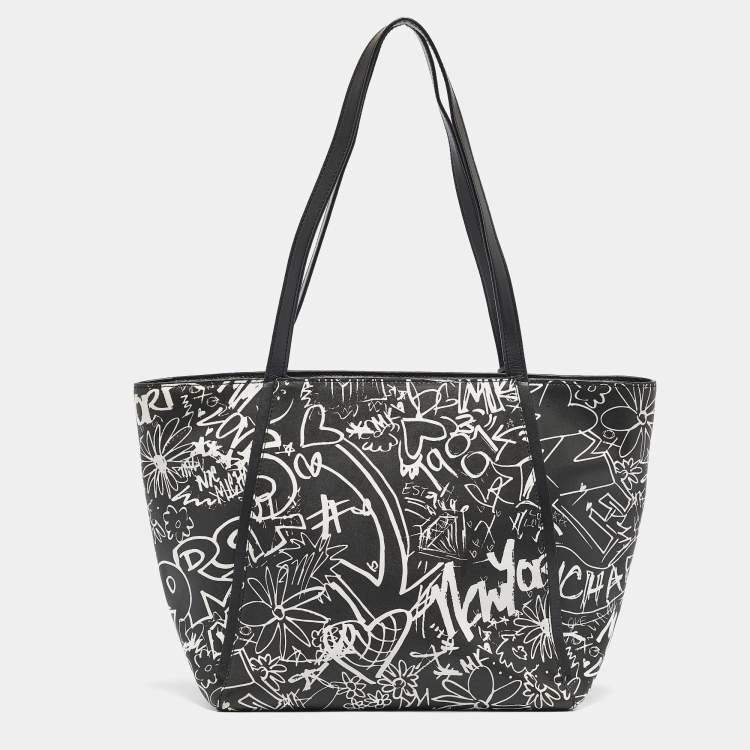 Pre Owned Michael Kors Black/White Leather Large Graffiti Whitney Tote