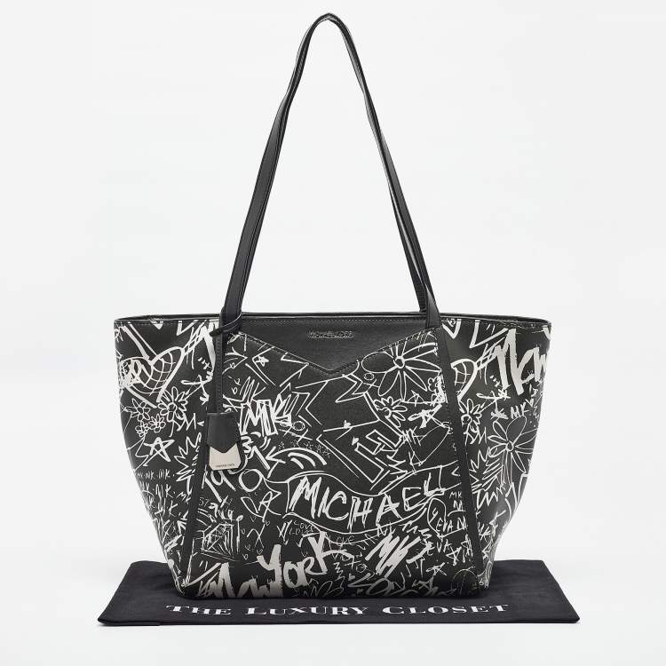 Pre Owned Michael Kors Black/White Leather Large Graffiti Whitney Tote