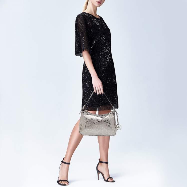 Pre Owned Michael Kors Metallic Grey Textured Patent and Leather Logo Charm Shoulder Bag