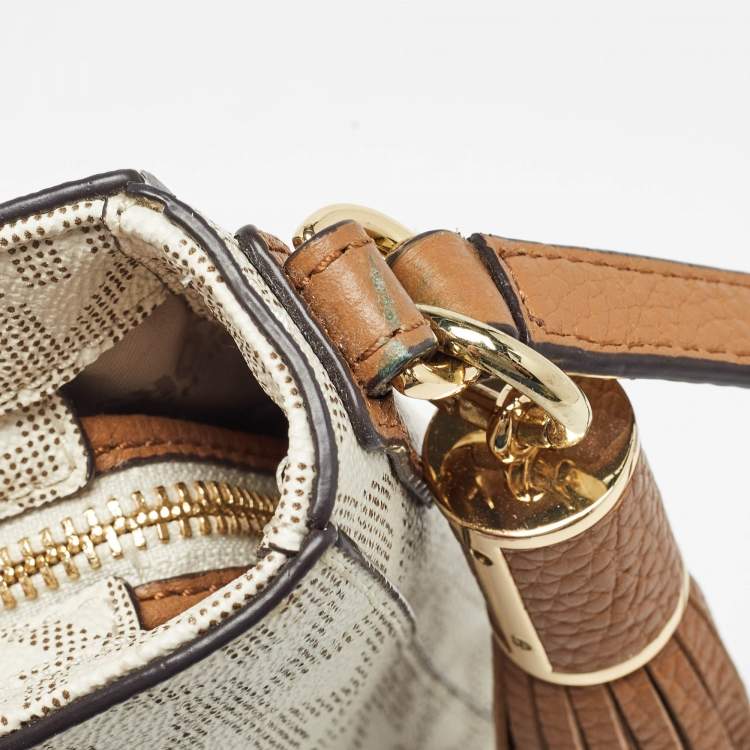 Pre Owned Michael Kors White Signature Coated Canvas and Leather Tassel Messenger Bag