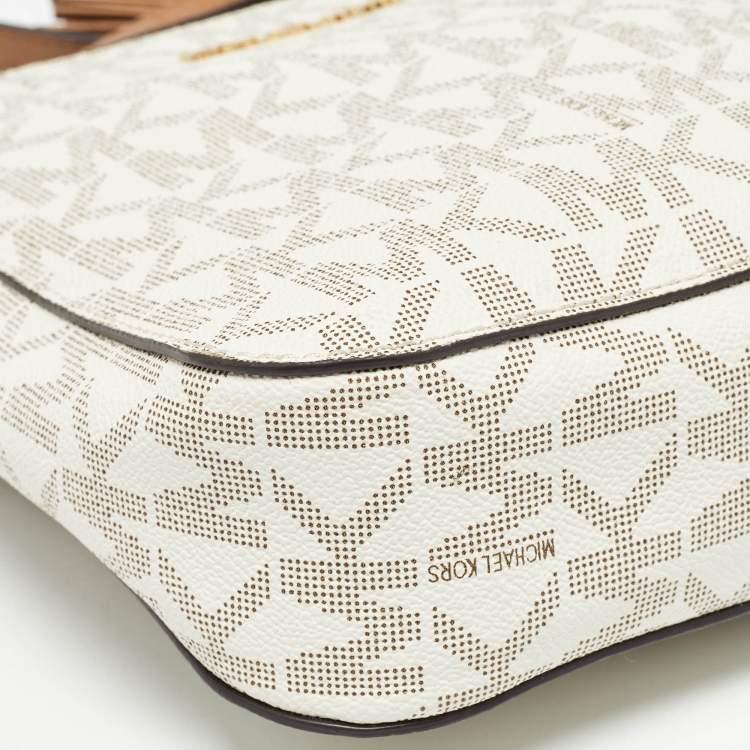 Pre Owned Michael Kors White Signature Coated Canvas and Leather Tassel Messenger Bag