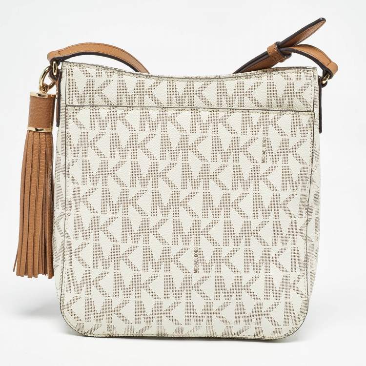 Pre Owned Michael Kors White Signature Coated Canvas and Leather Tassel Messenger Bag