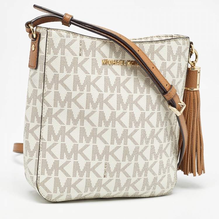 Pre Owned Michael Kors White Signature Coated Canvas and Leather Tassel Messenger Bag