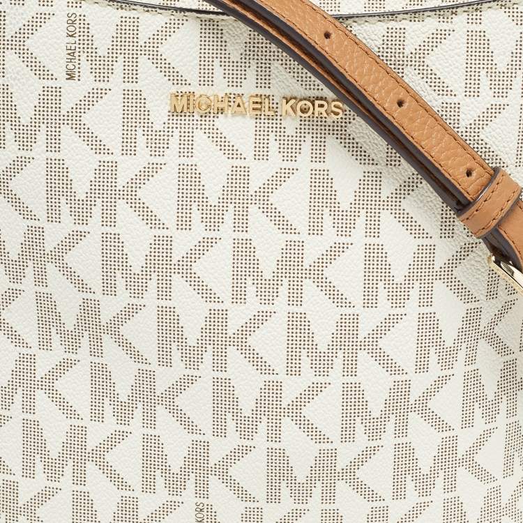 Pre Owned Michael Kors White Signature Coated Canvas and Leather Tassel Messenger Bag