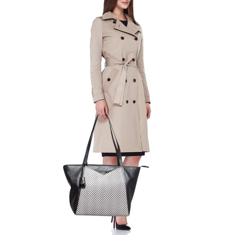 Pre Owned Michael Kors Black/White Checkboard Logo Leather Large Whitney Tote