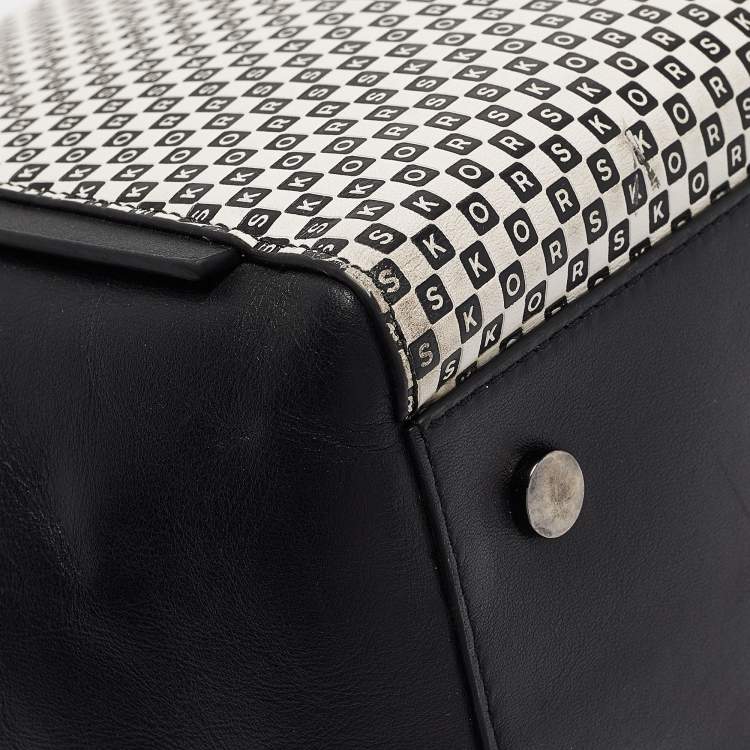 Pre Owned Michael Kors Black/White Checkboard Logo Leather Large Whitney Tote