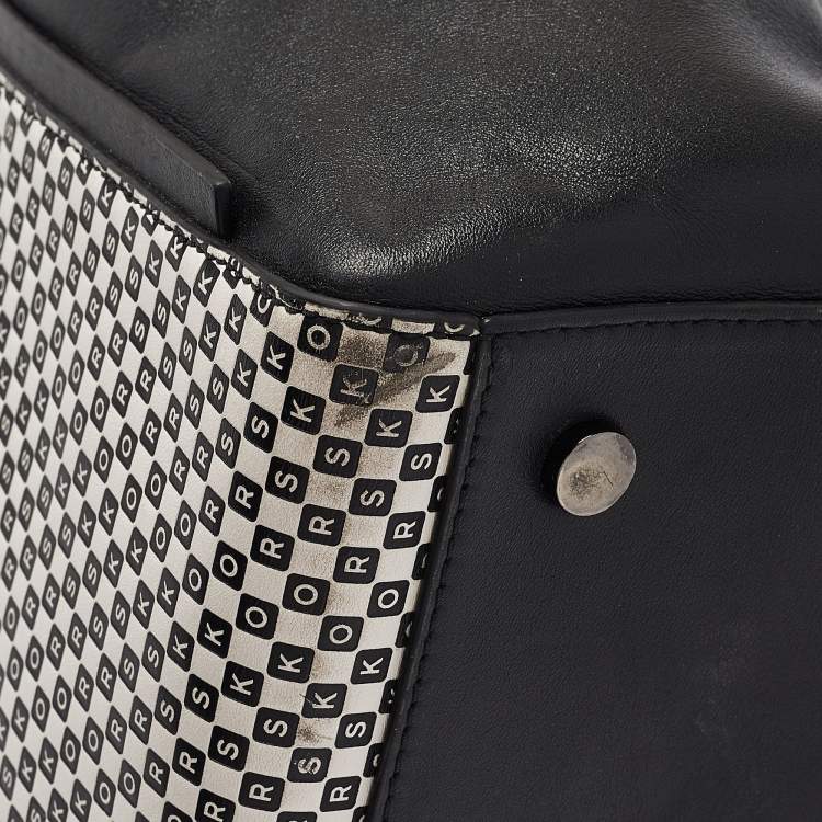 Pre Owned Michael Kors Black/White Checkboard Logo Leather Large Whitney Tote