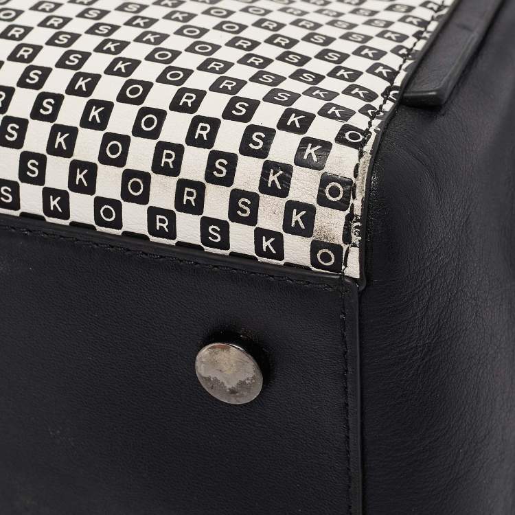 Pre Owned Michael Kors Black/White Checkboard Logo Leather Large Whitney Tote