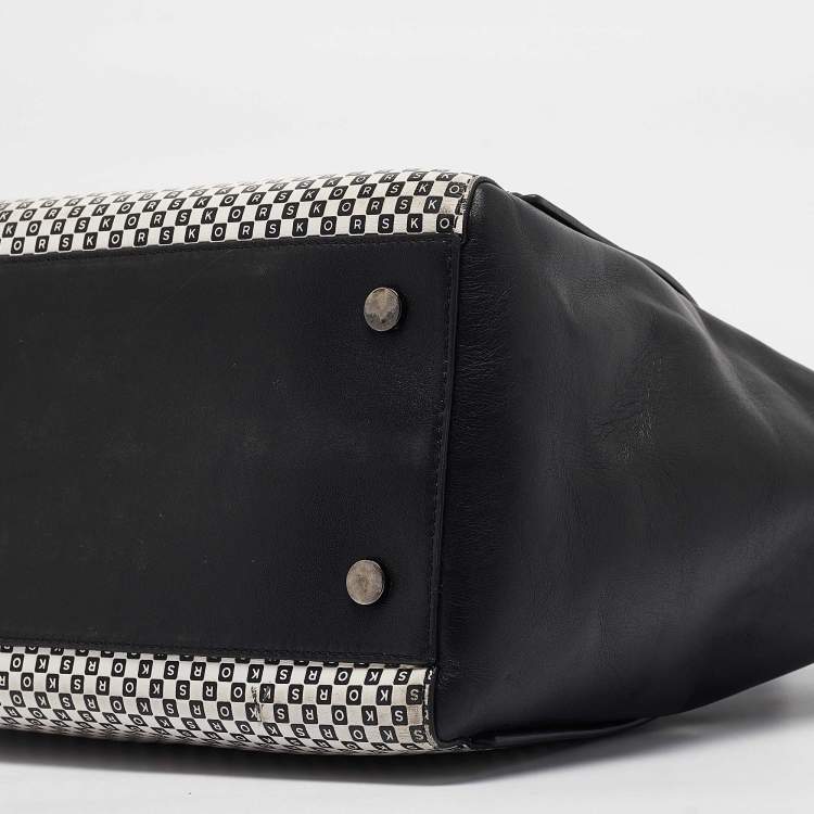 Pre Owned Michael Kors Black/White Checkboard Logo Leather Large Whitney Tote