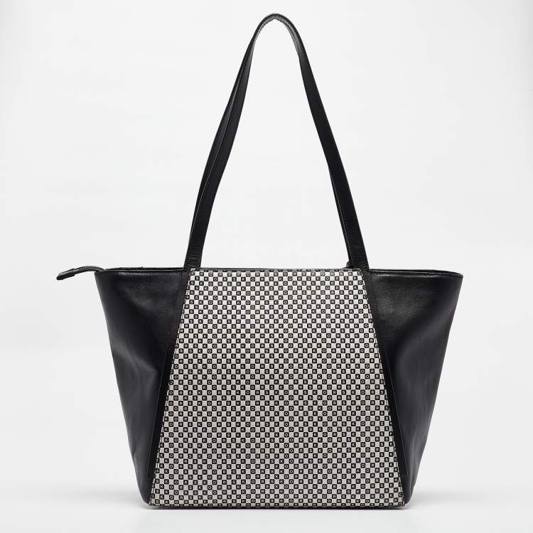 Pre Owned Michael Kors Black/White Checkboard Logo Leather Large Whitney Tote