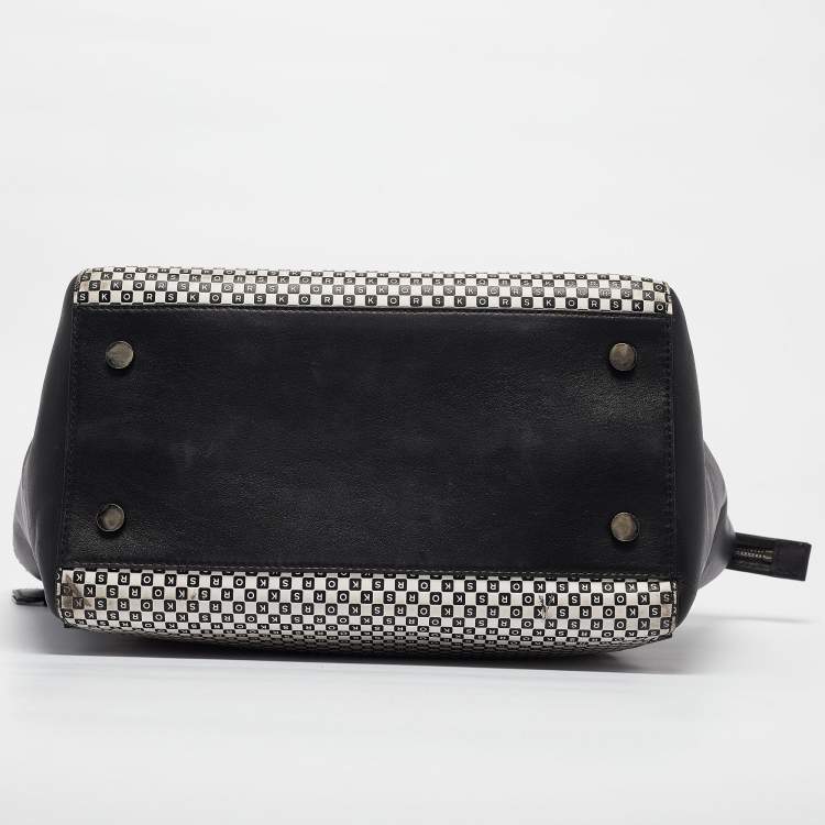 Pre Owned Michael Kors Black/White Checkboard Logo Leather Large Whitney Tote