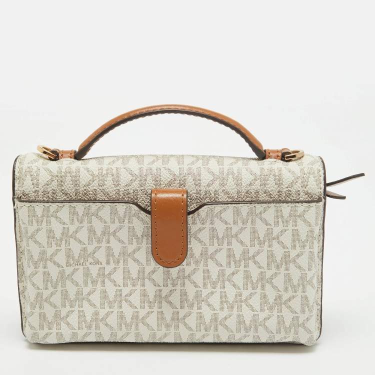 Pre Owned Michael Kors Brown /White Signature Coated Canvas and Leather Phone Wallet Bag