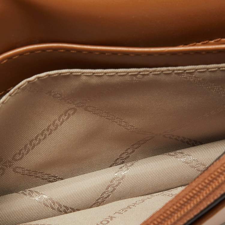 Pre Owned Michael Kors Brown /White Signature Coated Canvas and Leather Phone Wallet Bag