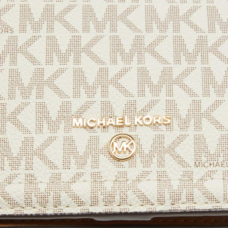 Pre Owned Michael Kors Brown /White Signature Coated Canvas and Leather Phone Wallet Bag