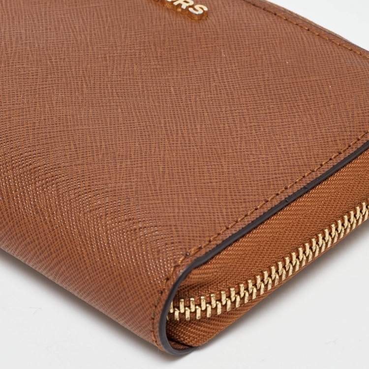 Pre Owned Michael Kors Brown Leather Logo Zip Around Wallet