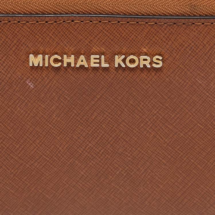 Pre Owned Michael Kors Brown Leather Logo Zip Around Wallet