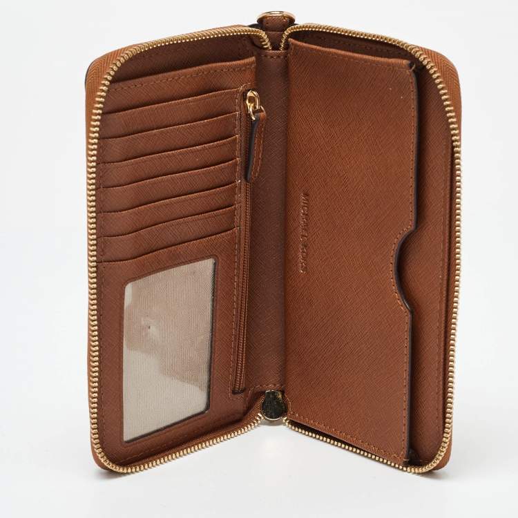 Pre Owned Michael Kors Brown Leather Logo Zip Around Wallet