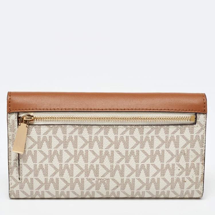 Pre Owned Michael Kors White/Tan Coated Canvas and Leather Fulton Continental Wallet