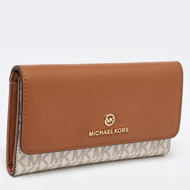 Pre Owned Michael Kors White/Tan Coated Canvas and Leather Fulton Continental Wallet