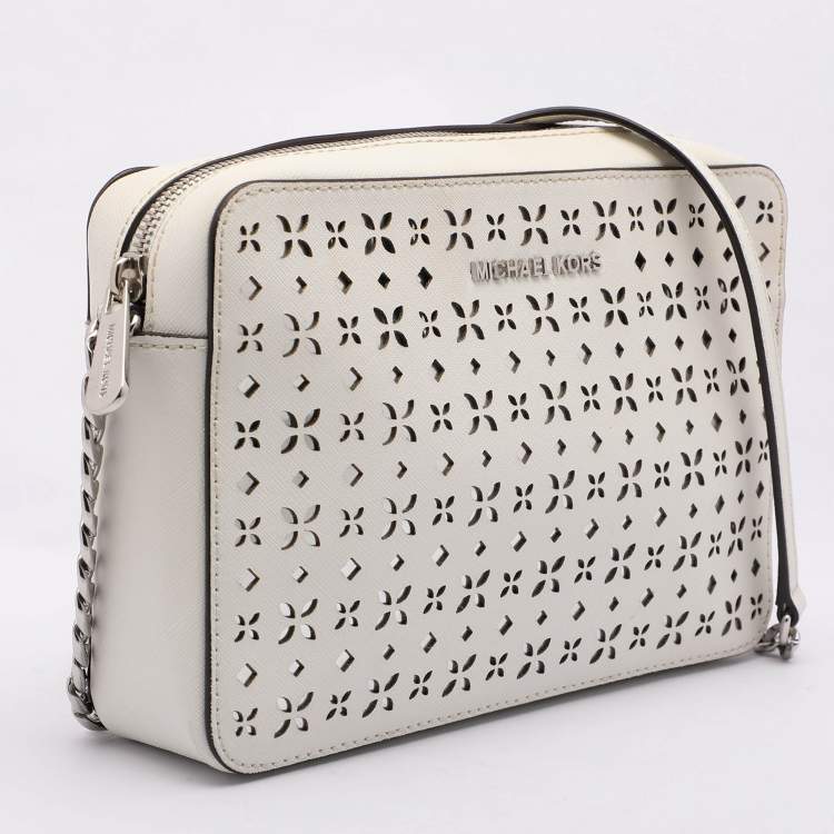 Pre Owned Michael Kors White Leather Laser Cut East West Crossbody Bag
