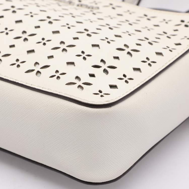 Pre Owned Michael Kors White Leather Laser Cut East West Crossbody Bag
