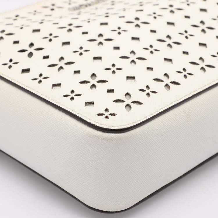 Pre Owned Michael Kors White Leather Laser Cut East West Crossbody Bag