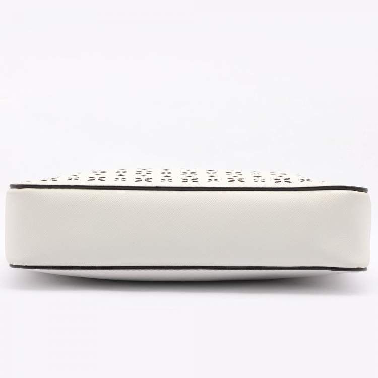 Pre Owned Michael Kors White Leather Laser Cut East West Crossbody Bag