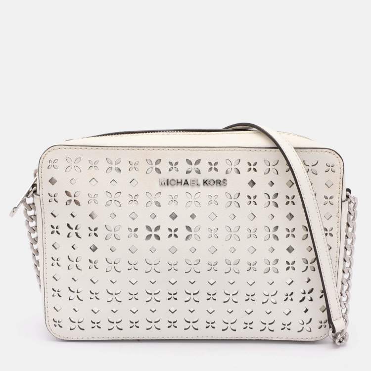 Pre Owned Michael Kors White Leather Laser Cut East West Crossbody Bag