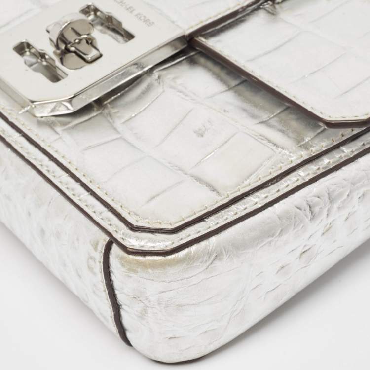 Pre Owned Michael Kors Silver Croc Embossed Leather Crossbody Bag