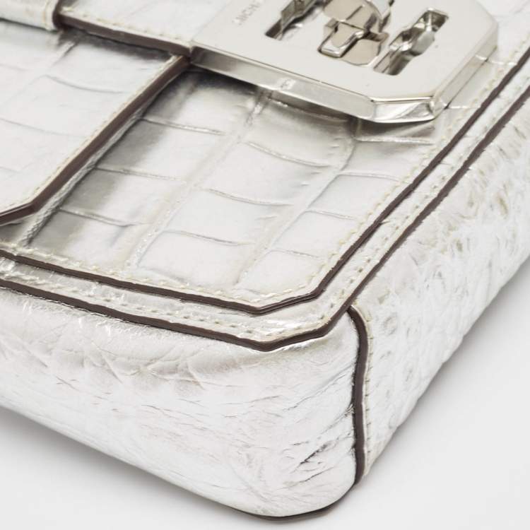 Pre Owned Michael Kors Silver Croc Embossed Leather Crossbody Bag