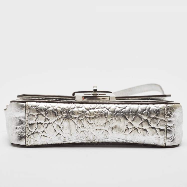 Pre Owned Michael Kors Silver Croc Embossed Leather Crossbody Bag