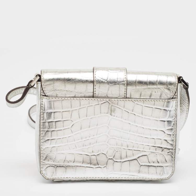 Pre Owned Michael Kors Silver Croc Embossed Leather Crossbody Bag
