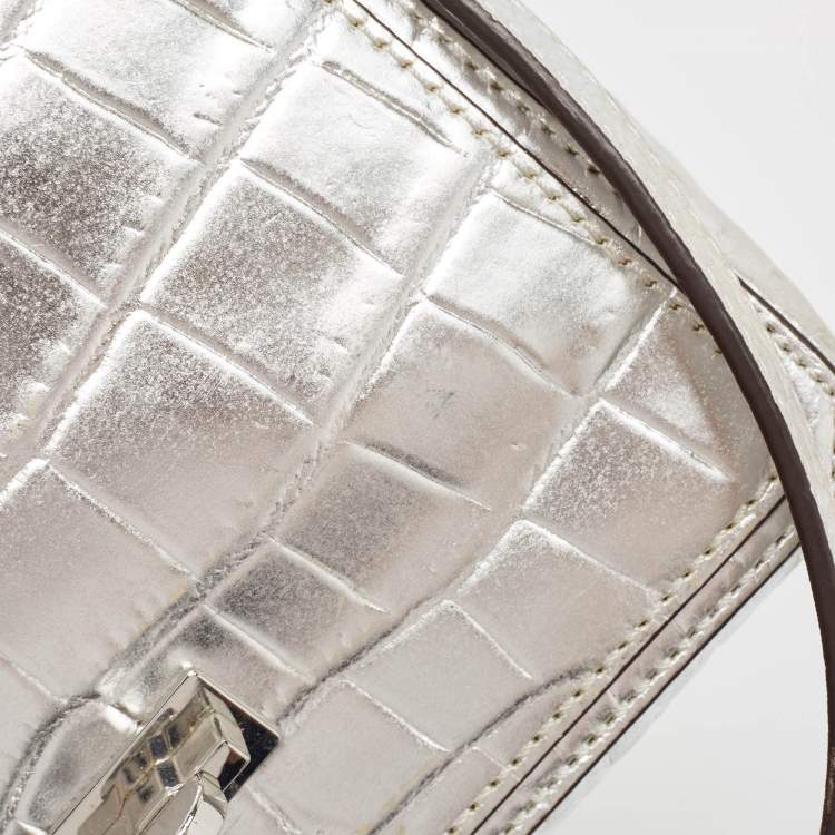 Pre Owned Michael Kors Silver Croc Embossed Leather Crossbody Bag