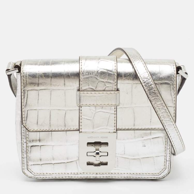 Pre Owned Michael Kors Silver Croc Embossed Leather Crossbody Bag