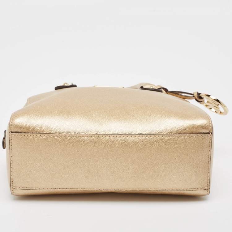 Pre Owned Michael Kors Gold Patent Leather Logo Dome Satchel