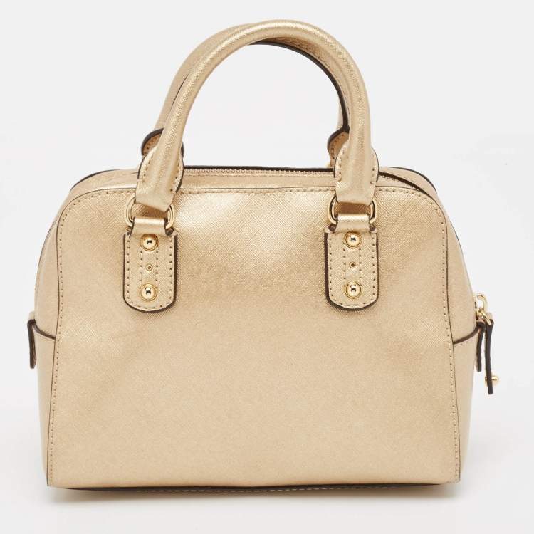 Pre Owned Michael Kors Gold Patent Leather Logo Dome Satchel