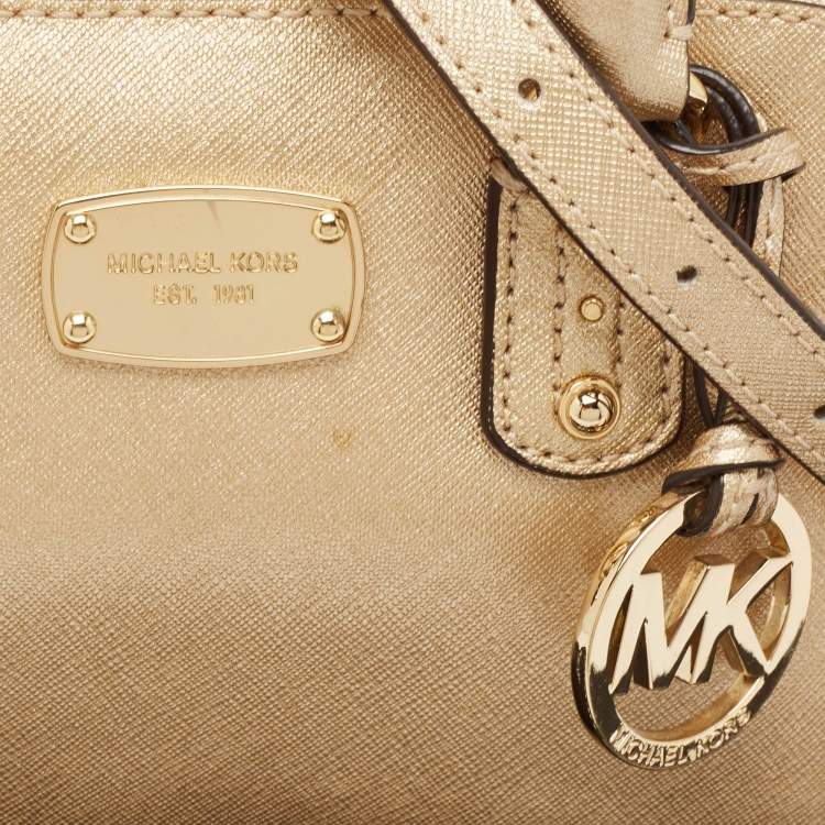 Pre Owned Michael Kors Gold Patent Leather Logo Dome Satchel