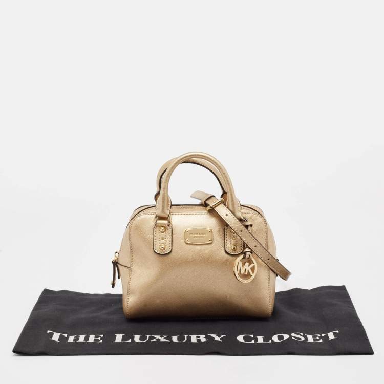 Pre Owned Michael Kors Gold Patent Leather Logo Dome Satchel