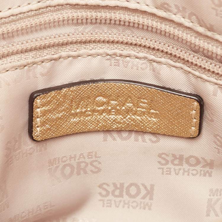 Pre Owned Michael Kors Gold Patent Leather Logo Dome Satchel