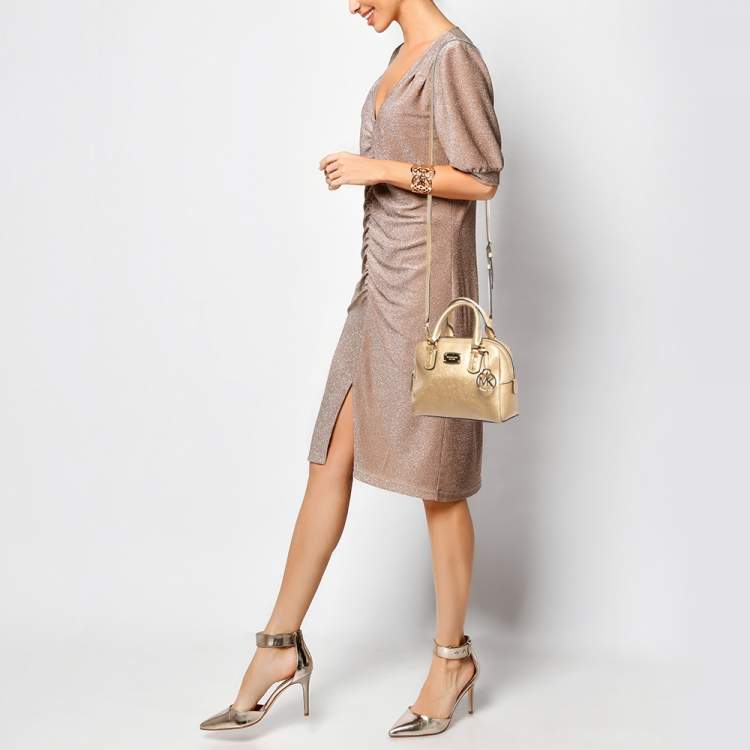 Pre Owned Michael Kors Gold Patent Leather Logo Dome Satchel