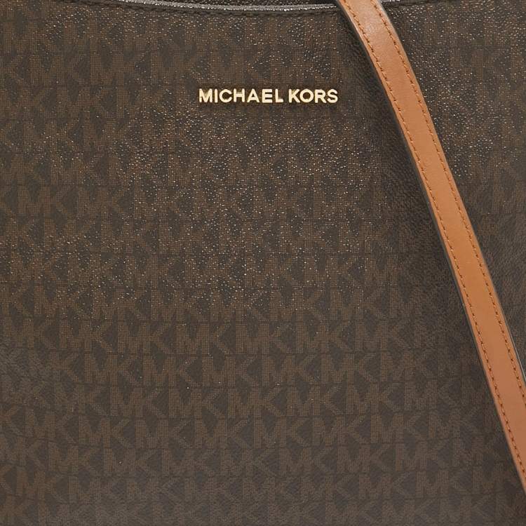 Pre Owned Michael Kors Dark Brown Signature Coated Canvas Jet Set Messenger Bag