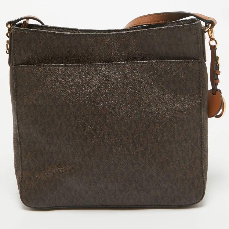 Pre Owned Michael Kors Dark Brown Signature Coated Canvas Jet Set Messenger Bag