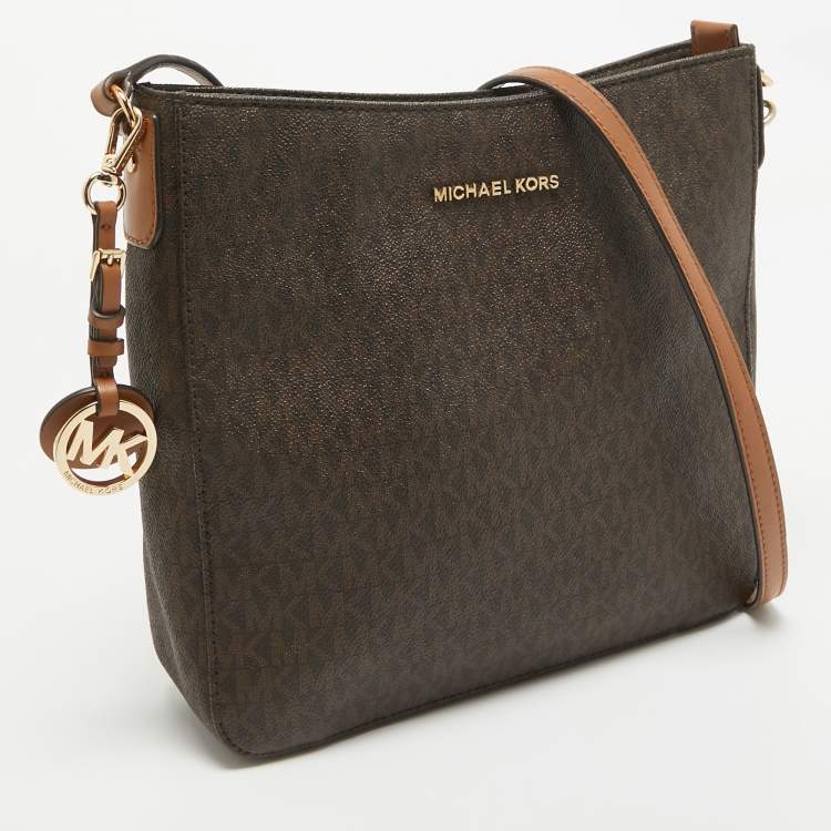 Pre Owned Michael Kors Dark Brown Signature Coated Canvas Jet Set Messenger Bag