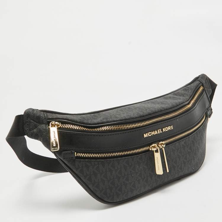 Pre Owned Michael Kors Black Signature Coated Canvas Kenly Logo Belt Bag