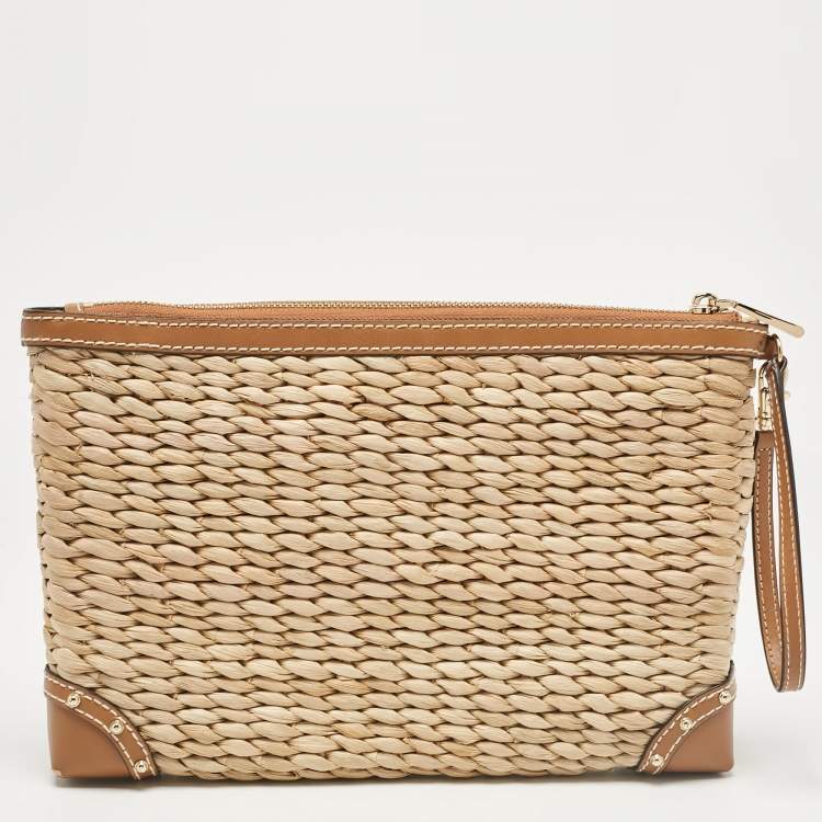 Pre Owned Michael Kors Tan Wicker Malibu Wristlet Zip Pouch