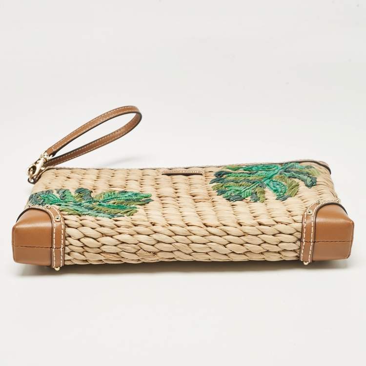 Pre Owned Michael Kors Tan Wicker Malibu Wristlet Zip Pouch