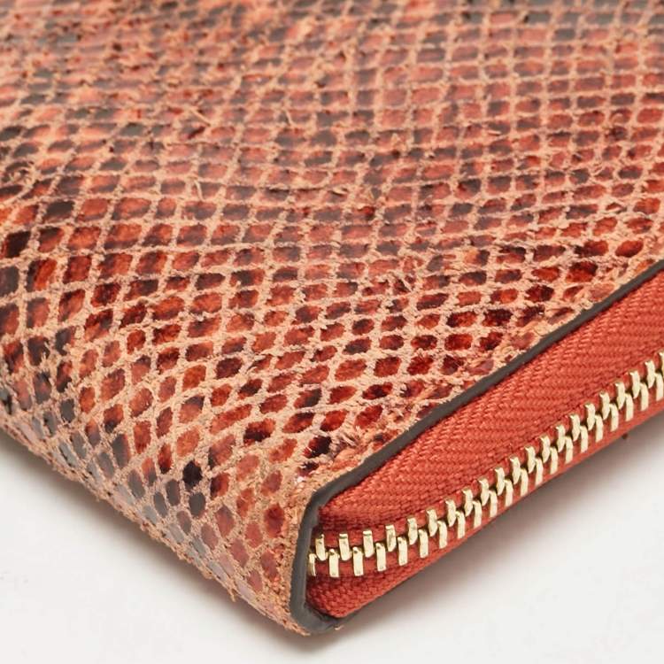 Pre Owned Michael Kors Orange/Brown Snakeskin Embossed Leather Jet Set Zip Around Wallet
