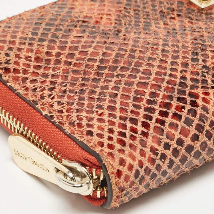 Pre Owned Michael Kors Orange/Brown Snakeskin Embossed Leather Jet Set Zip Around Wallet