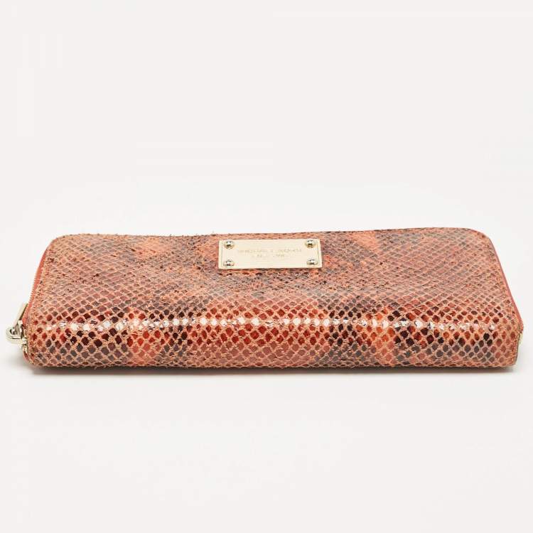 Pre Owned Michael Kors Orange/Brown Snakeskin Embossed Leather Jet Set Zip Around Wallet